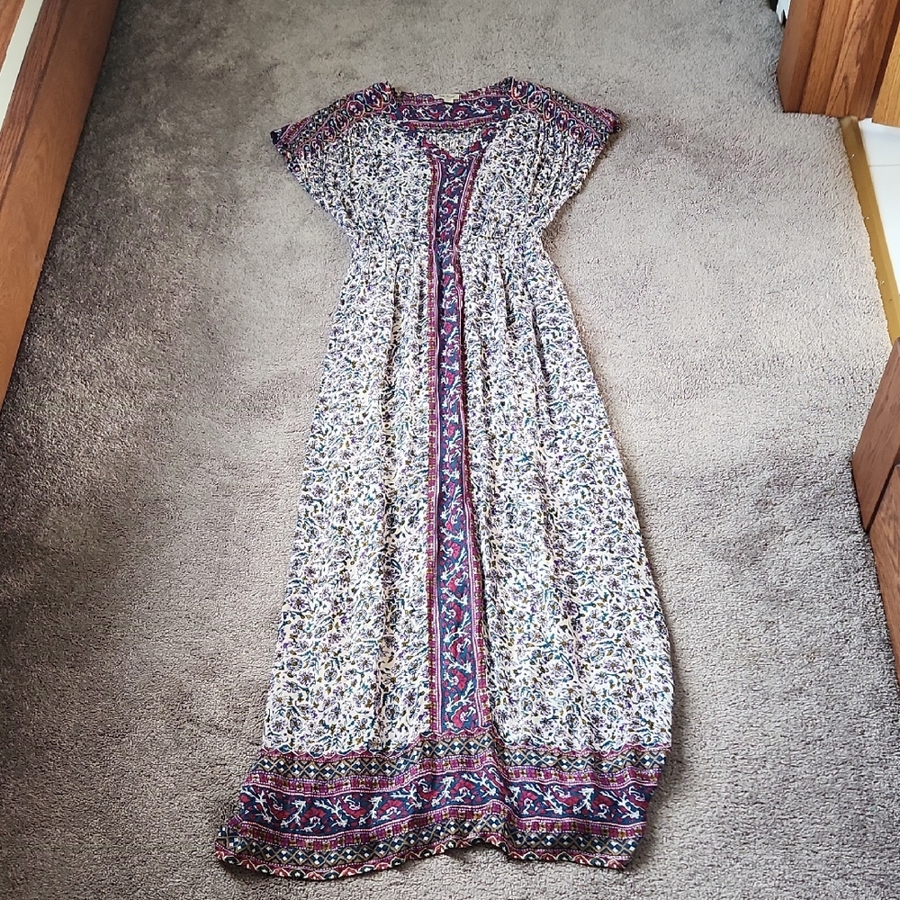 Lucky Brand Floral Boho Maxi Dress Size S White Multicolor Cap Sleeve